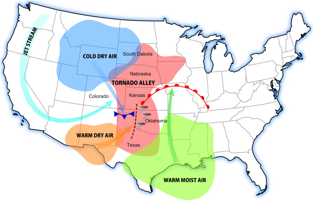 Kaart van Tornado Alley met alle verschillende luchtstromingen.