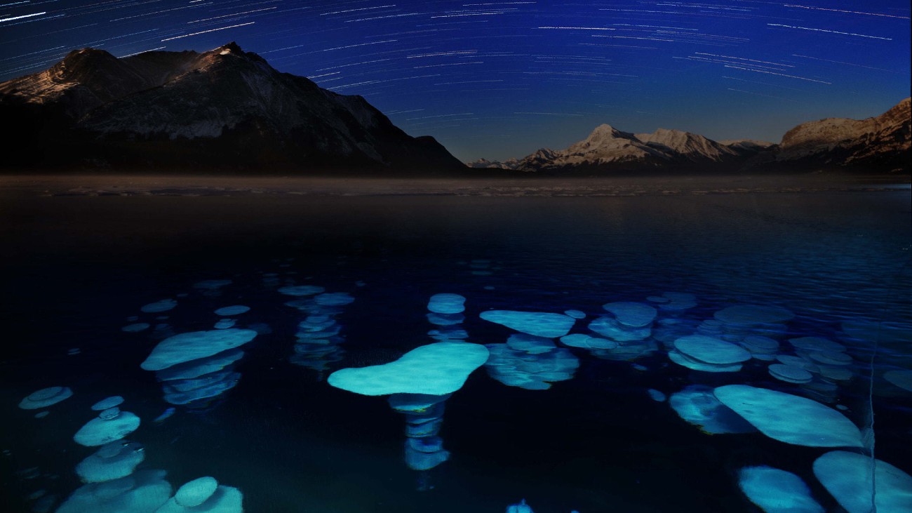 Abraham Lake, oftewel het ijsbubbelmeer, in Canada