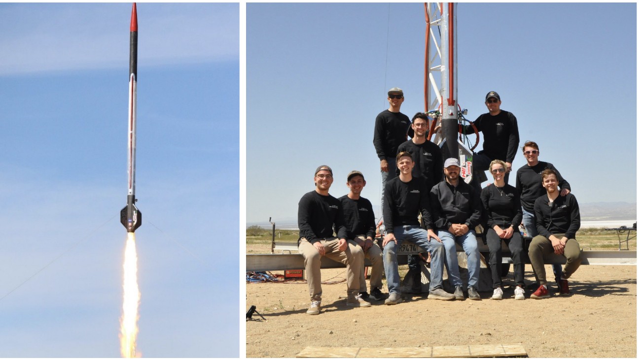 Het studententeam Cygnus Suborbitals met hun gelanceerde vloeibarebrandstofraket Deneb