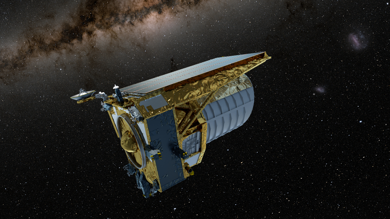 Conceptafbeelding van Euclid in de ruimte. De satelliet doet onderzoek naar donkere materie.