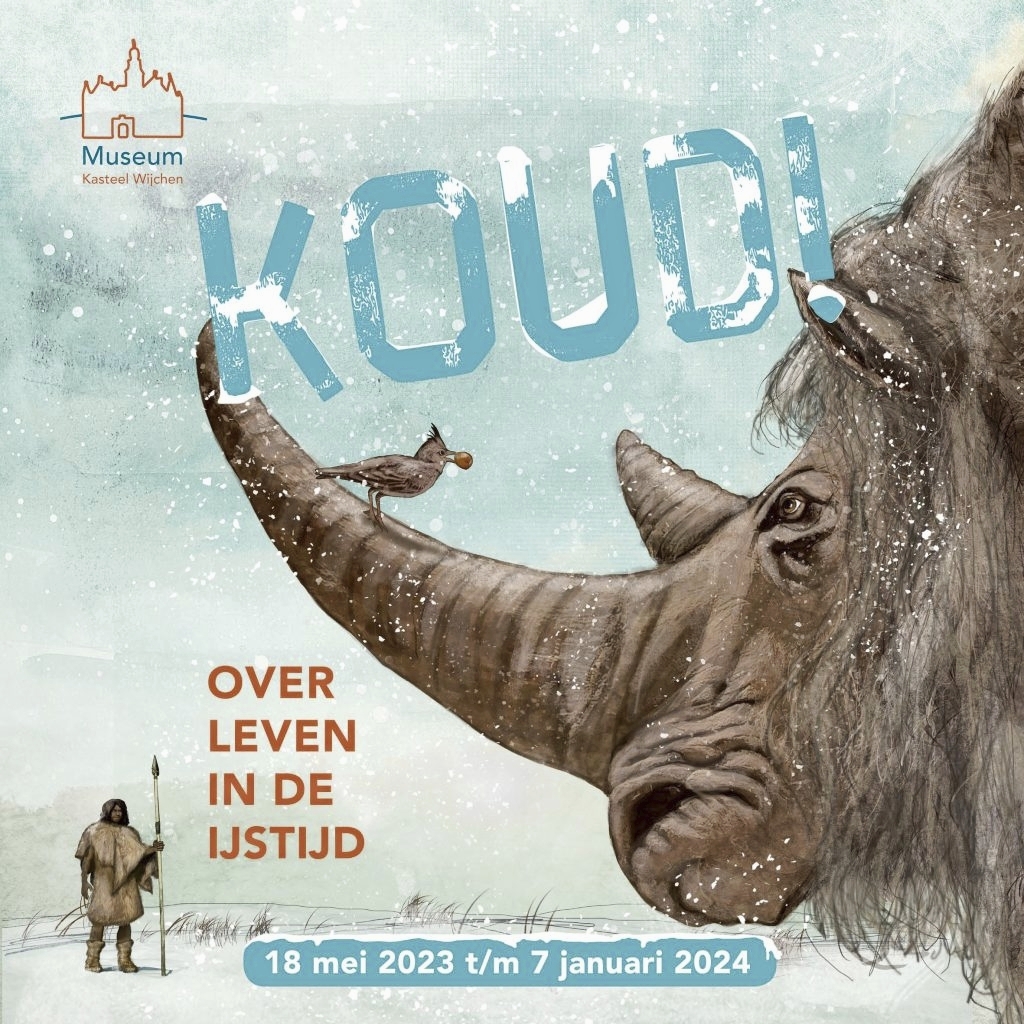 Poster voor KOUD! Met een oermens en prehistorisch dier in de sneeuw. 