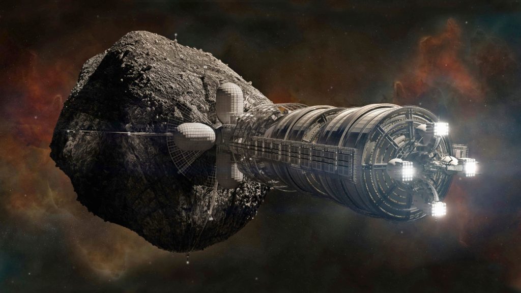 Een ‘harvester’ om grondstoffen uit een asteroïde te halen.