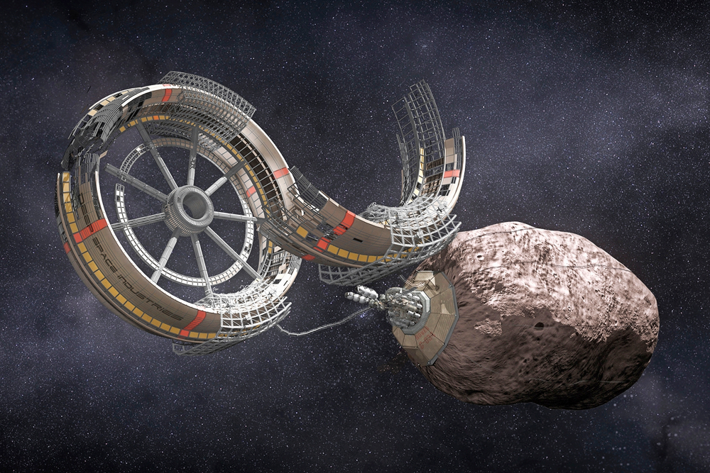 Een mijnrobot haalt grondstoffen uit een asteroïde om die vervolgens te gebruiken om via 3D-printing een ruimtestation te bouwen. 