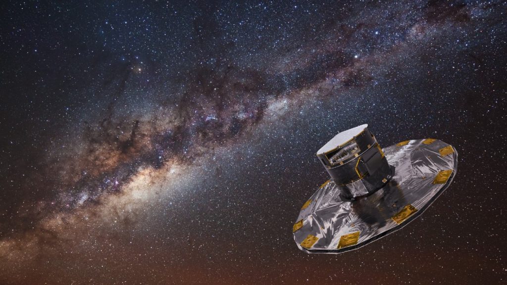 Artistieke impressie van ruimtetelescoop Gaia in de ruimte