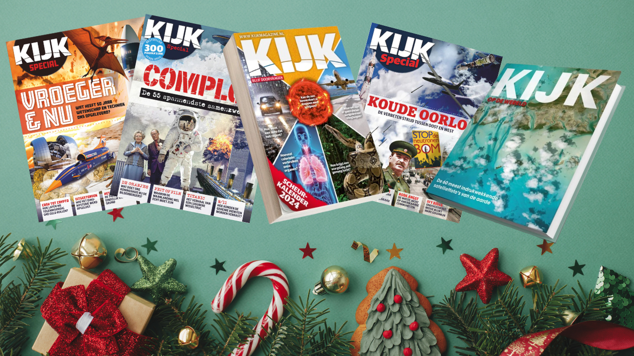 Verschillende KIJK-producten op een kerstachtergrond, goede kerstcadeaus