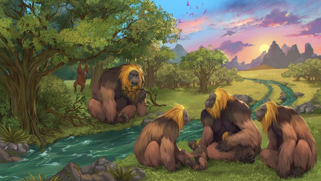 Tekening van vier Gigantopithecus blacki bij een rivier met een oerang-oetan in de achtergrond