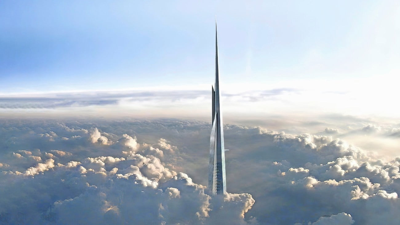 Conceptafbeelding van de Jeddah Tower die boven de wolken uitsteekt.