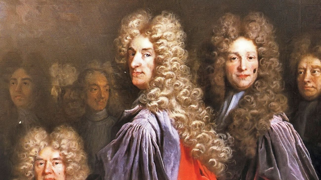 Schilderij van belangrijke personen met pruiken op