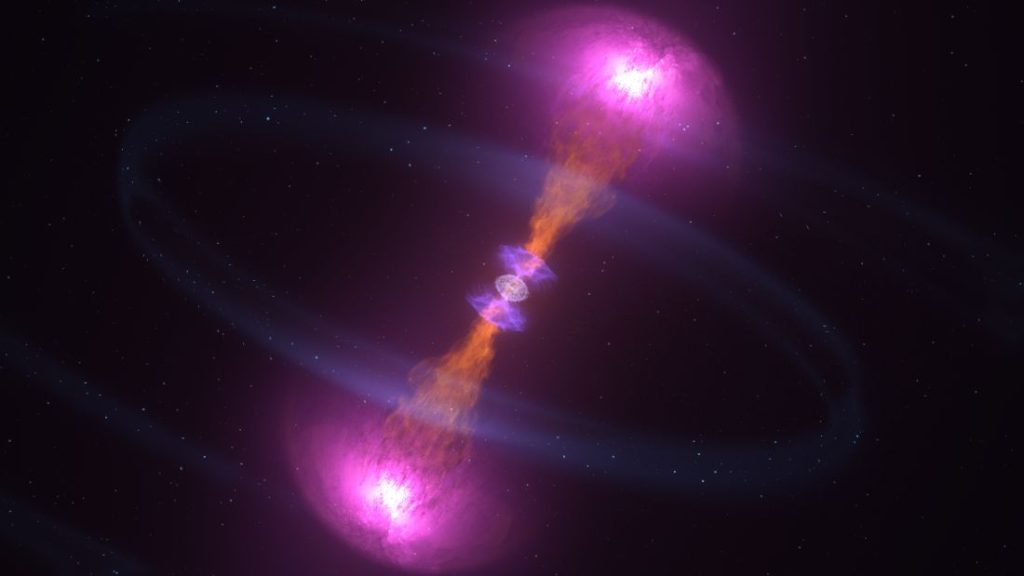 Artistieke impressie van botsende neutronensterren, bij zo'n botsing zou goud ontstaan. 