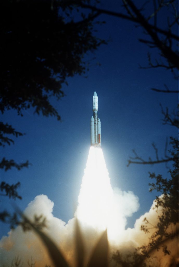 De lancering van Voyager 2 op 20 augustus 1977 vanaf Cape Canaveral in Florida. 